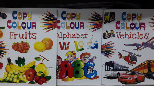 Copy Colour Fruits , Alphabet , Vehicles set of 3 books